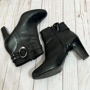 LRL Ralph Lauren Black Leather Booties 3-1/2” Heel Faux Silver Toned Buckles